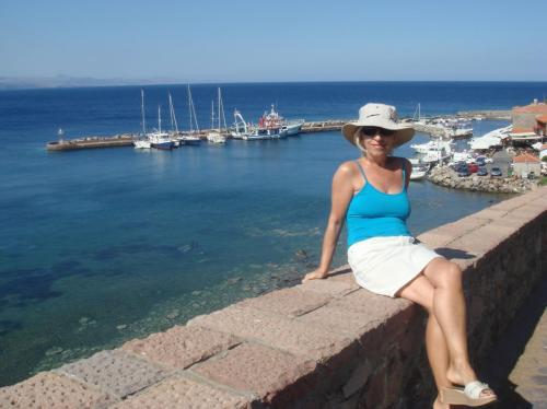Zehra on the wall overlooking Molyvos Port 48